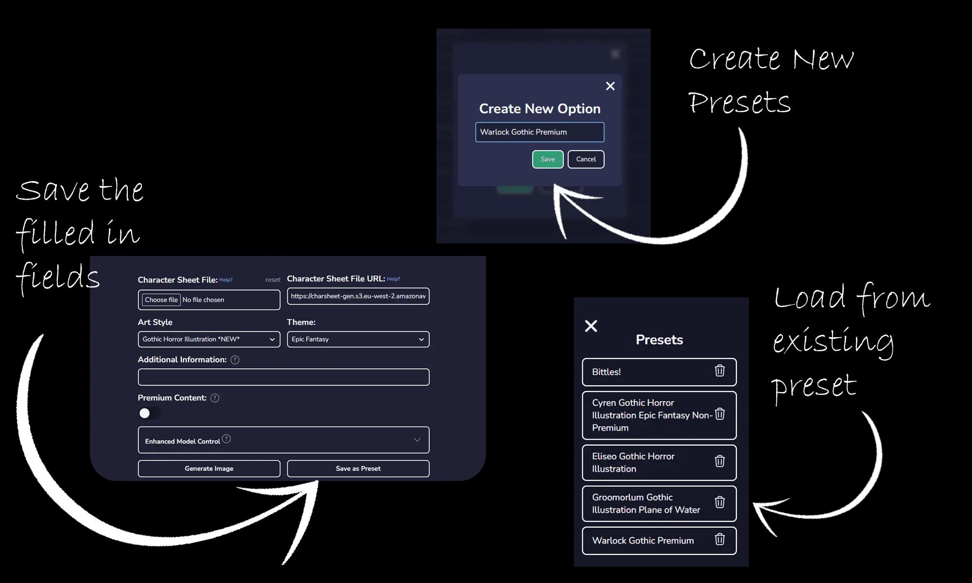 User interface showcasing an easy way to save AI-generated characters for quick access using our D&D character creator.