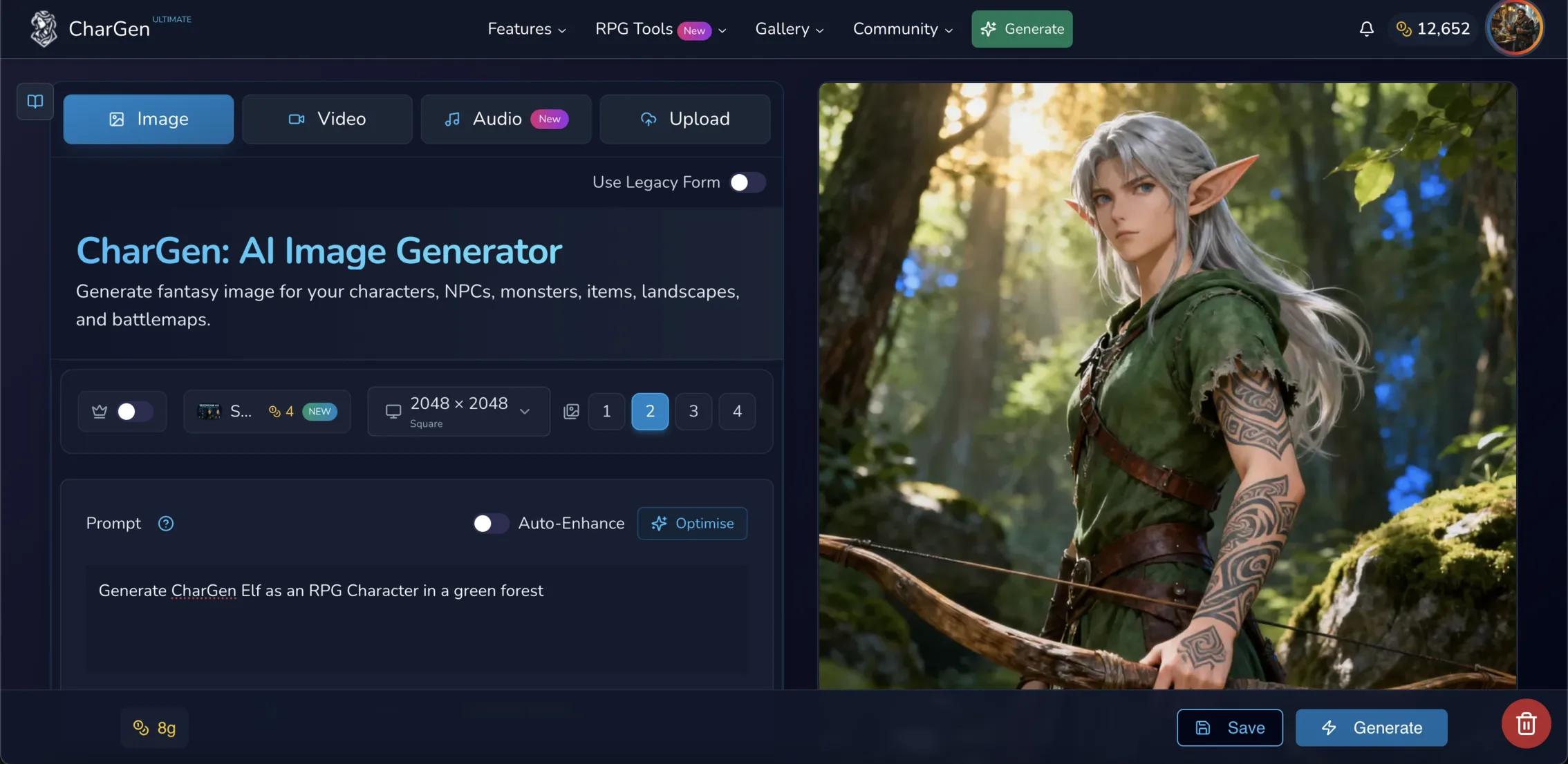 CharGen interface showing fantasy character generation